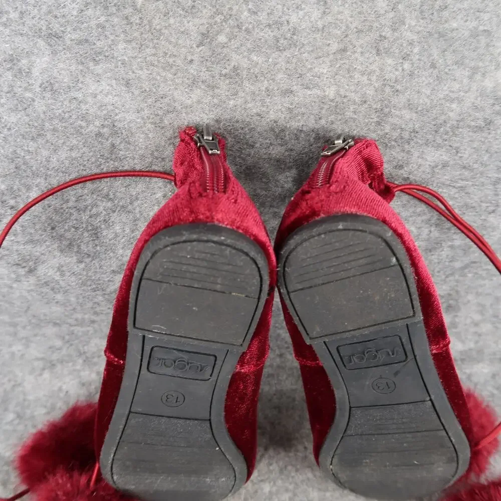 Sugar Shoes Kids 13 Ballet Flats Pom Pom Tie Red Round Toe Faux Fur Lollipop